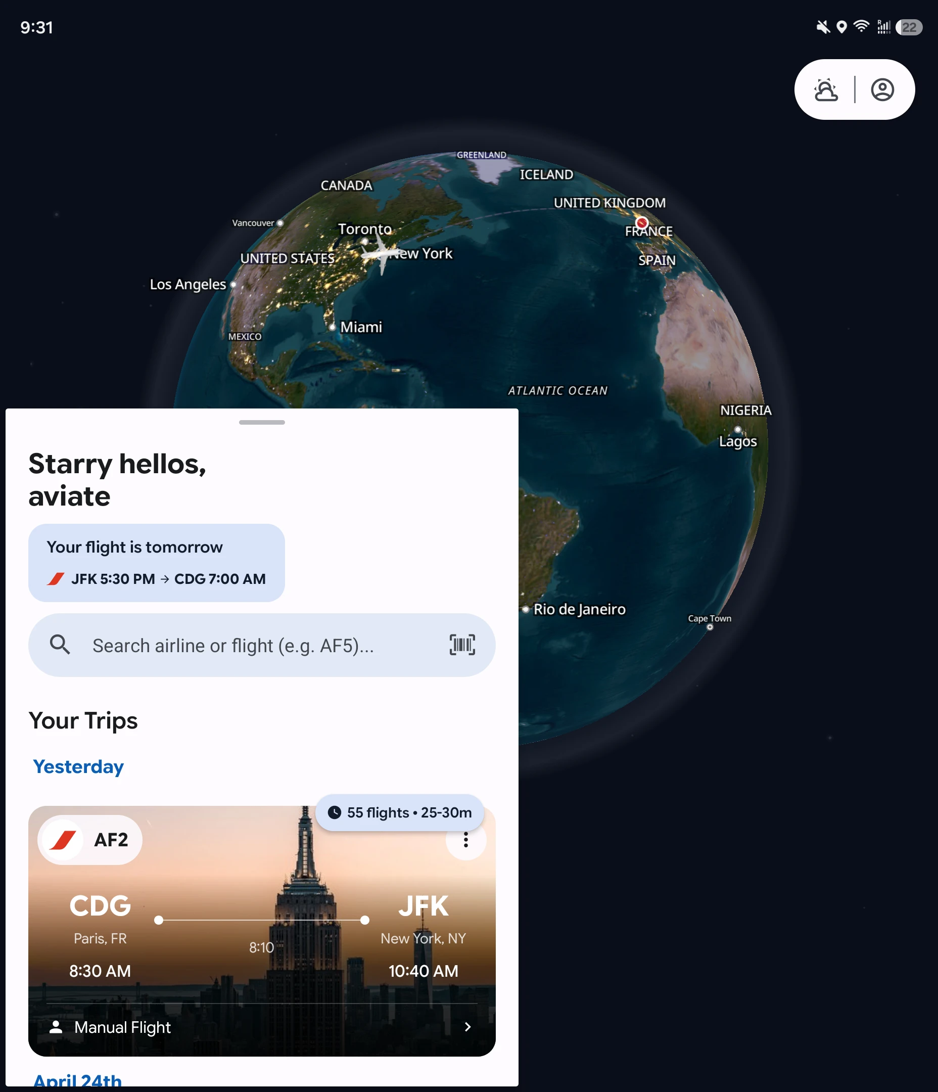 Aviate's globe and trip overview on the Galaxy Z Fold6's unfolded display.